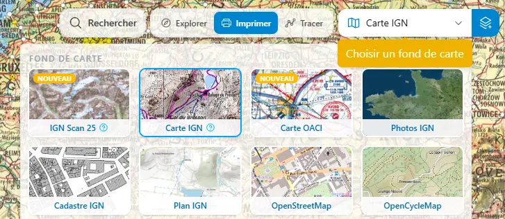 Sélecteur de fonds de carte ouvert, avec les options Carte IGN et Scan 25