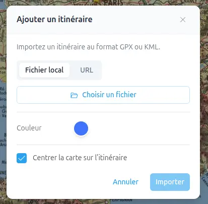 Fenêtre Ajouter un itinéraire avec bascule source, choix de fichier et couleur
