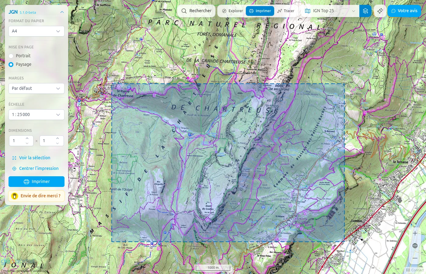 Mode Imprimer dans JGN : panneau latéral et cadre d'impression sur la carte