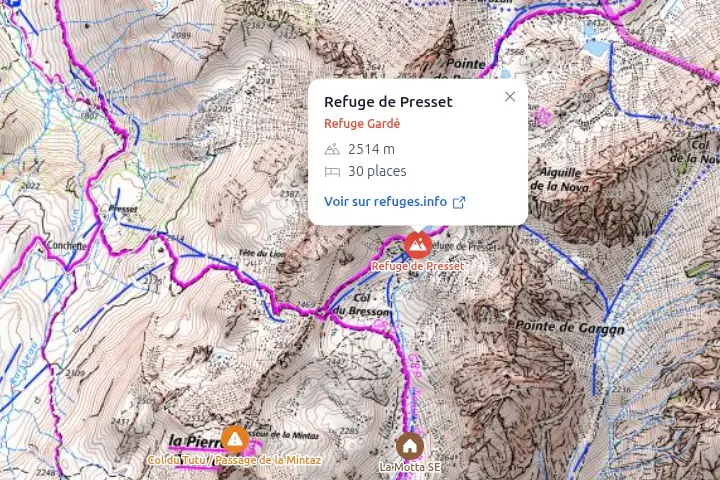 Marqueurs Refuges.info sur la carte avec une fiche refuge ouverte
