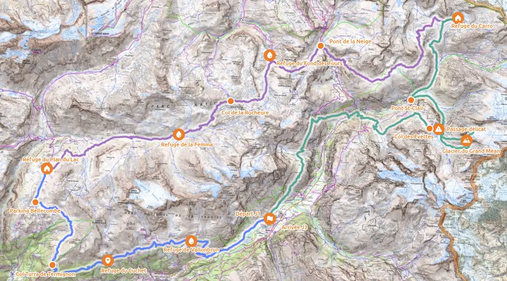 Itinéraire découpé en trois sections de couleur, avec étapes nommées et points de passage