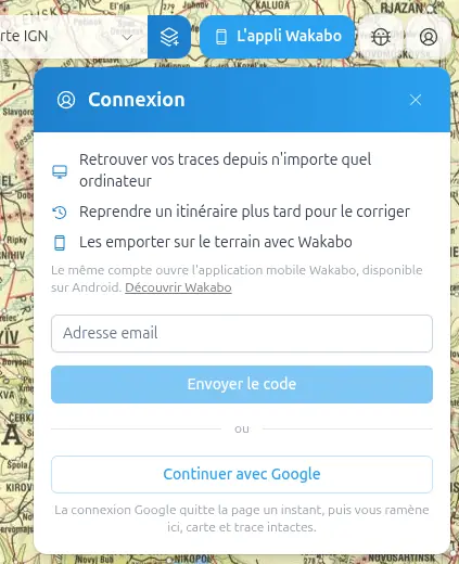 Panneau Connexion ouvert en haut à droite de la carte, avec connexion par e-mail ou Google