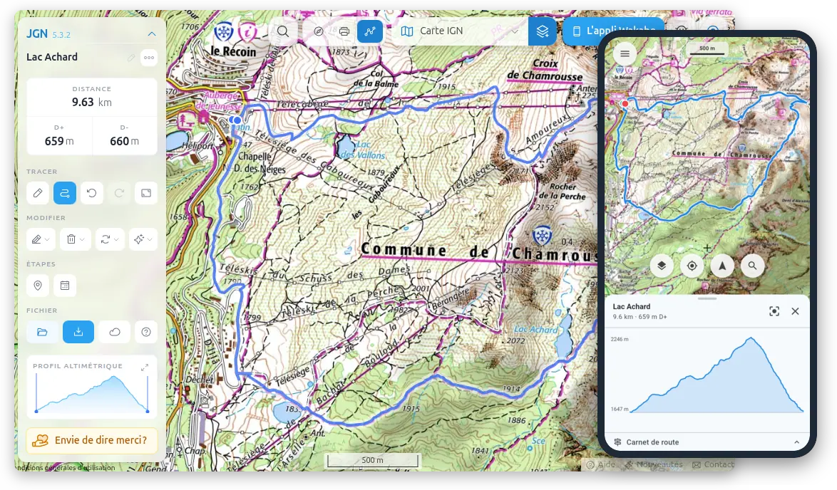 Le même itinéraire autour de Chamrousse, dans JGN sur ordinateur et dans Wakabo sur un téléphone