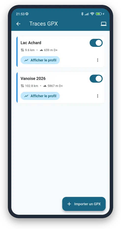 Écran Traces GPX de l'application Wakabo, avec les traces synchronisées depuis JGN